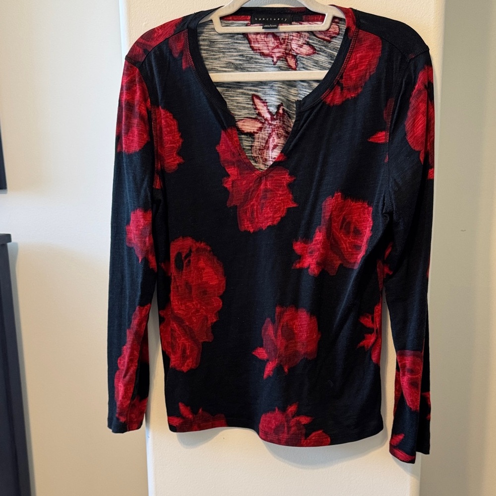 Sanctuary Black Long Sleeve Top with Red Rose Print